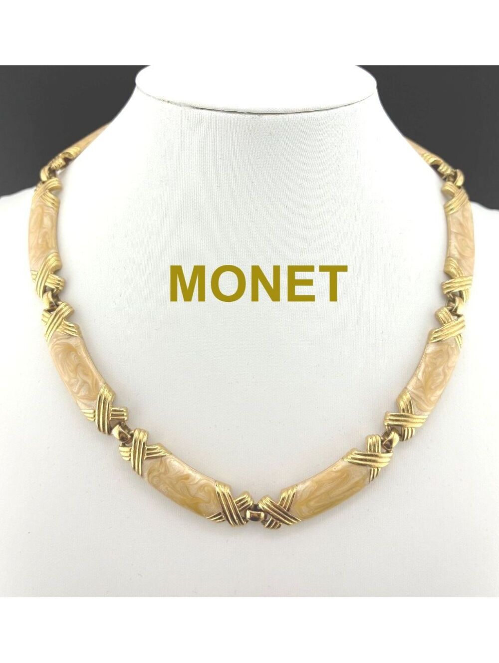 Vintage Monet Gold Tone and Beige Marbled Enamel Link Necklace 16-17" Adjustable